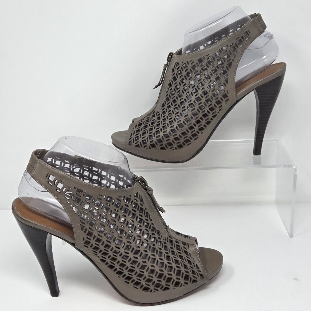 Halogen Brown Leather Perforated Caged Heels Open Toe Sandals Edgy Slingback Zip